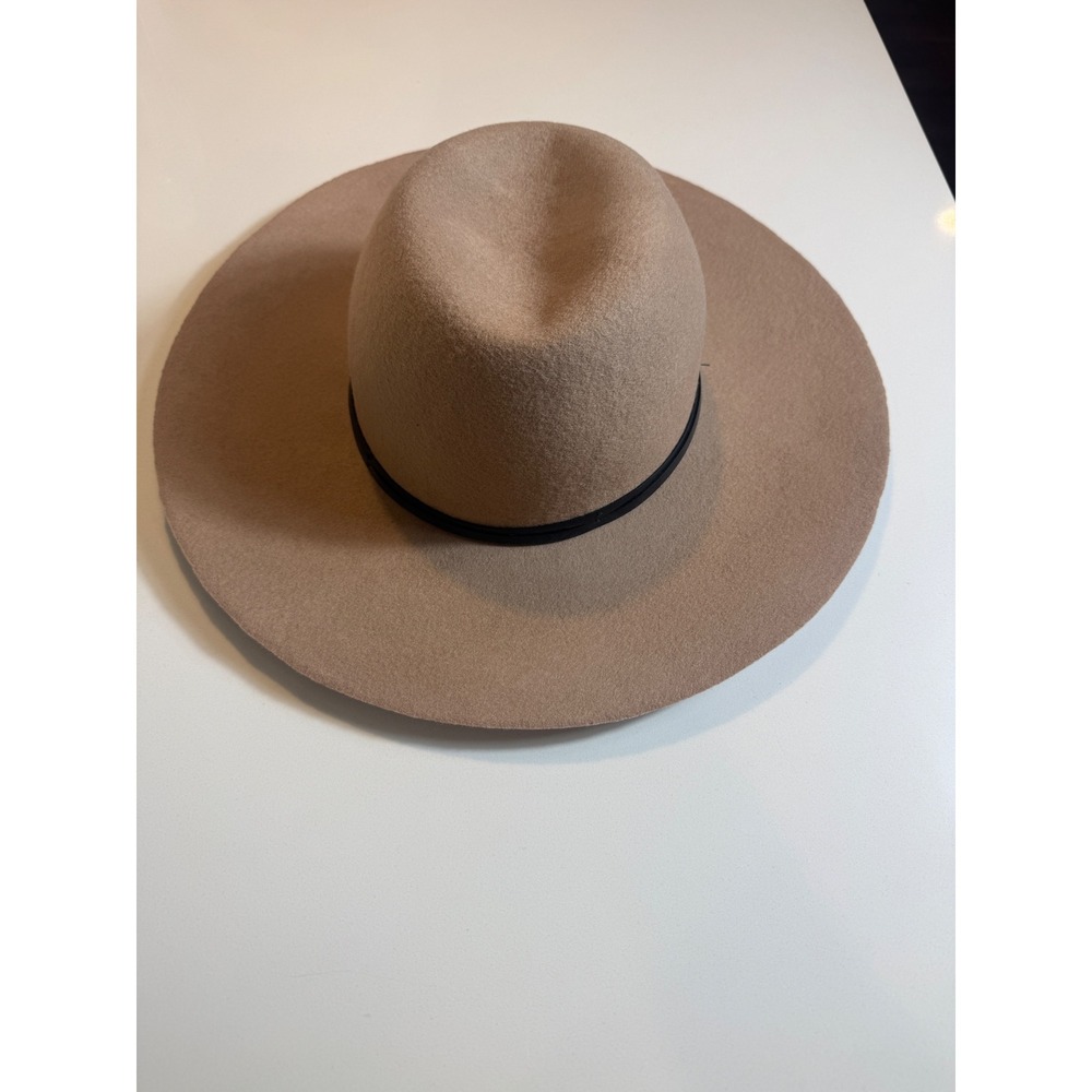 Italian Wool Felt Fedora Hat Taupe Beige Wide Brim Black Band One Size